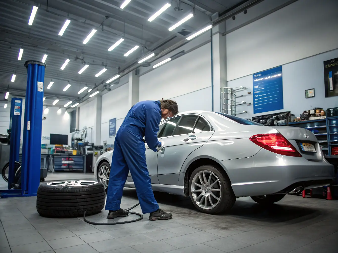 A mechanic replacing tires on a car in the tire service area of decent.auto.care.